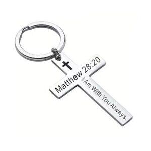 Matthew 28.20 Silver Cross Keychain - NEW